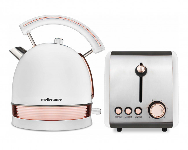 Mellerware Pack 2 Piece Set Stainless Steel White Kettle And Toaster "Rose Gold"